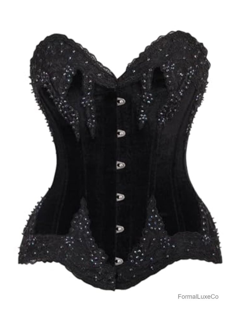 Velvet Beaded Steel Boned Overbust Corset Slimming Lace-Up Waist Reducing